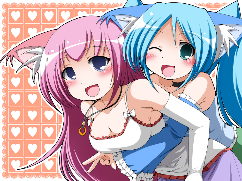 2girls, animal_ears, blue_eyes, blue_hair, blush, bow, breasts, cat_ears