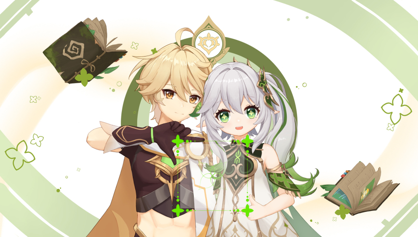 1boy, 1girl, aether_(genshin_impact), ahoge, bare_shoulders, black_gloves, black_shirt, blonde_hair