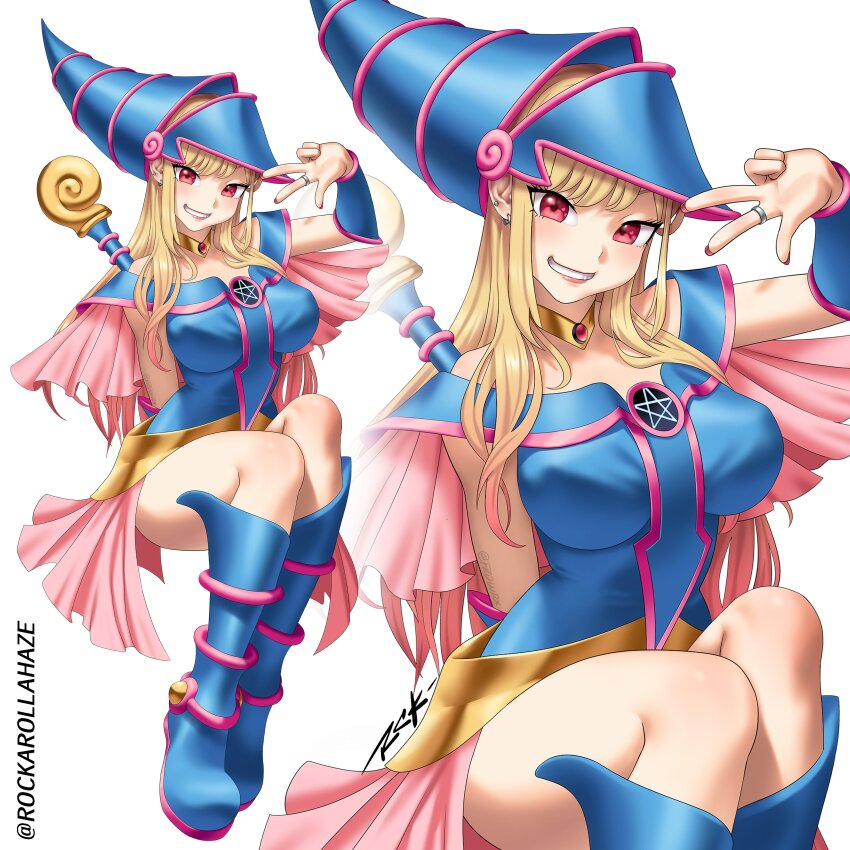 2022, absurdres, artist_name, blonde_hair, boots, breasts, commentary, cosplay, crossover, dark_magician_girl, dark_magician_girl_(cosplay), hat, highres, kitagawa_marin, knee_boots, large_breasts, long_hair, miniskirt, red_eyes, rockarollahaze, simple_background, skirt, smile, sono_bisque_doll_wa_koi_wo_suru, teeth, thick_thighs, thighs, v, white_background, wizard_hat, yu-gi-oh!