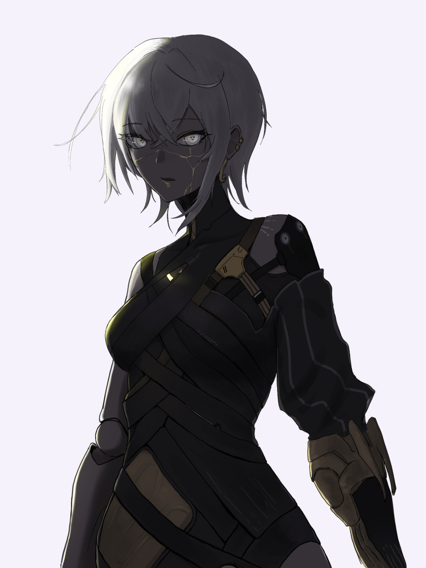 1girl, bell_(only-id_228), colored_skin, dark_skin, grey_eyes, grey_skin, highres, mechanical_arms, punishing:_gray_raven, scar, scar_on_face, shadowed, short_hair, simple_background, single_mechanical_arm, upper_body, voodoo_(pgr), white_hair