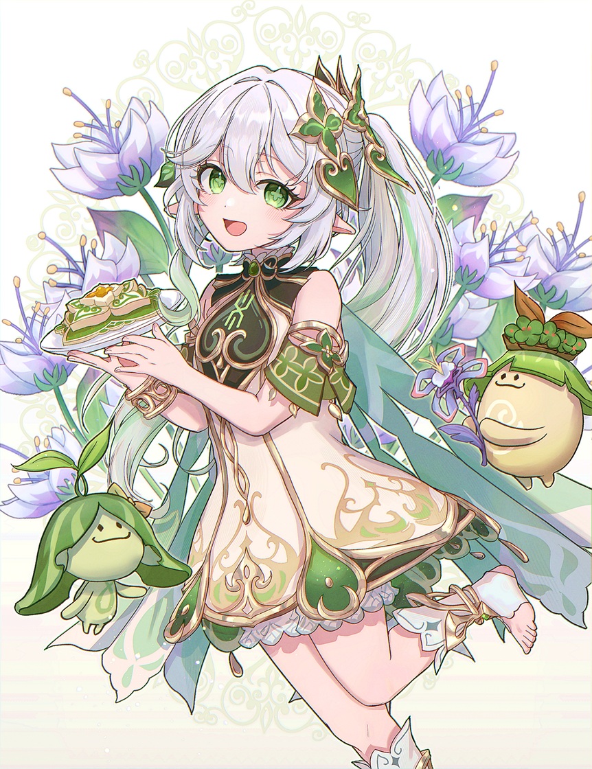 1girl, :d, aranara_(genshin_impact), bare_shoulders, bloomers, blush, bracelet, commentary_request