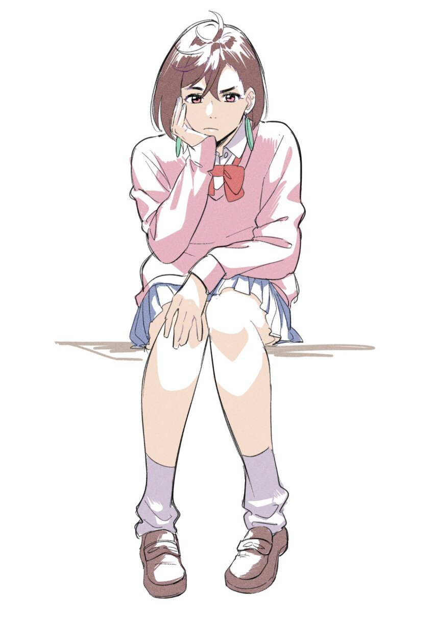 1girl, ayase_momo, blue_skirt, bow, bowtie, brown_eyes, brown_hair, brown_shoes