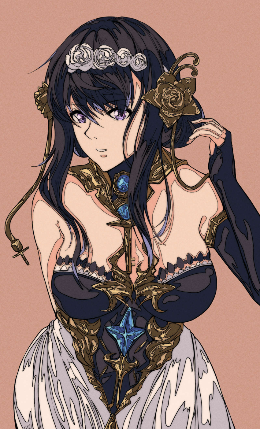 1girl, bare_shoulders, black_dress, black_gloves, black_hair, breasts, cleavage, dress