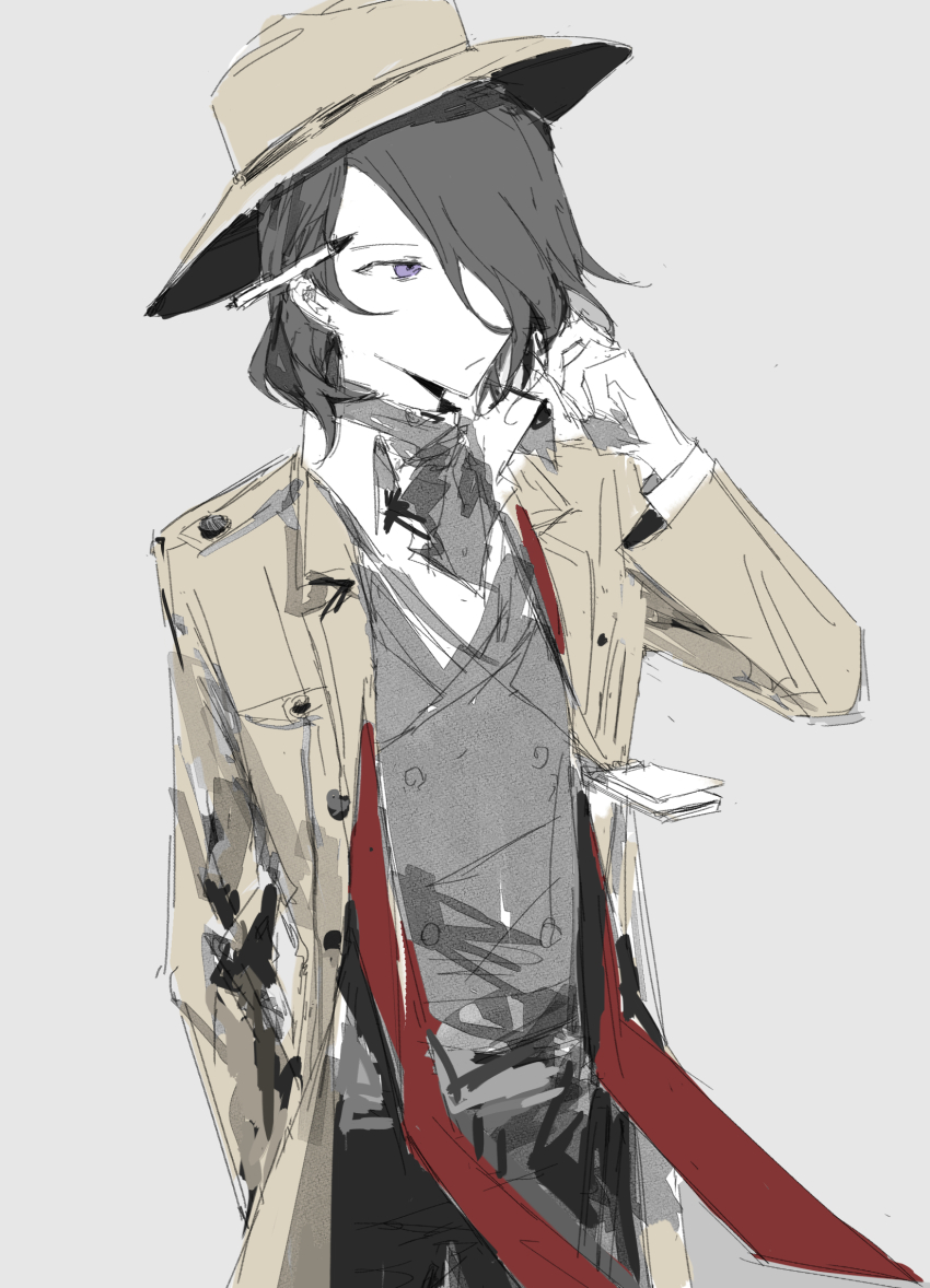 1boy, black_hair, black_necktie, black_pants, bowler_hat, brown_coat, brown_hat, buttons