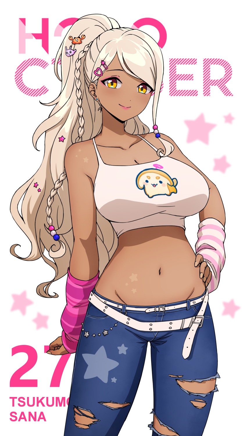 1girl, absurdres, alternate_costume, alternate_hairstyle, arm_warmers, belt, braid, breasts, cleavage, crop_top, dark-skinned_female, dark_skin, daydarion, denim, groin, hair_ornament, hairclip, hand_on_own_hip, highres, hololive, hololive_english, jeans, kaniko_(tsukumo_sana), large_breasts, light_brown_hair, lipstick, long_hair, looking_at_viewer, makeup, midriff, mismatched_arm_warmers, navel, pants, pink_arm_warmers, planet_hair_ornament, ponytail, sanallite_(tsukumo_sana), single_braid, smile, solo, standing, star_(symbol), star_print, star_tattoo, striped_arm_warmers, tank_top, tattoo, torn_clothes, torn_jeans, torn_pants, tsukumo_sana, usaslug_(tsukumo_sana), virtual_youtuber, white_arm_warmers, white_belt, white_tank_top, y2k_fashion, yellow_eyes
