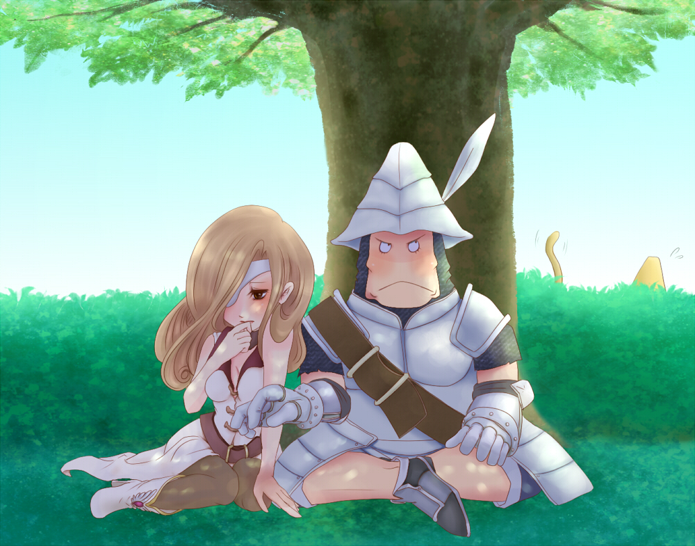 00s, 1boy, 1girl, adelbert_steiner, armor, beatrix, belt, boots, brown_eyes, brown_hair, chiruru, eyepatch, final_fantasy, final_fantasy_ix, gauntlets, gloves, hat, helmet, i-chiro, long_hair, sitting, tail, tree, vivi_ornitier, witch_hat, zidane_tribal