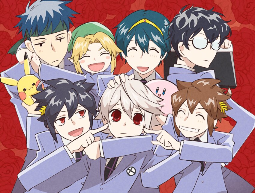 1girl, 6+boys, :d, ^_^, alternate_costume, amamiya_ren, black_hair, black_necktie