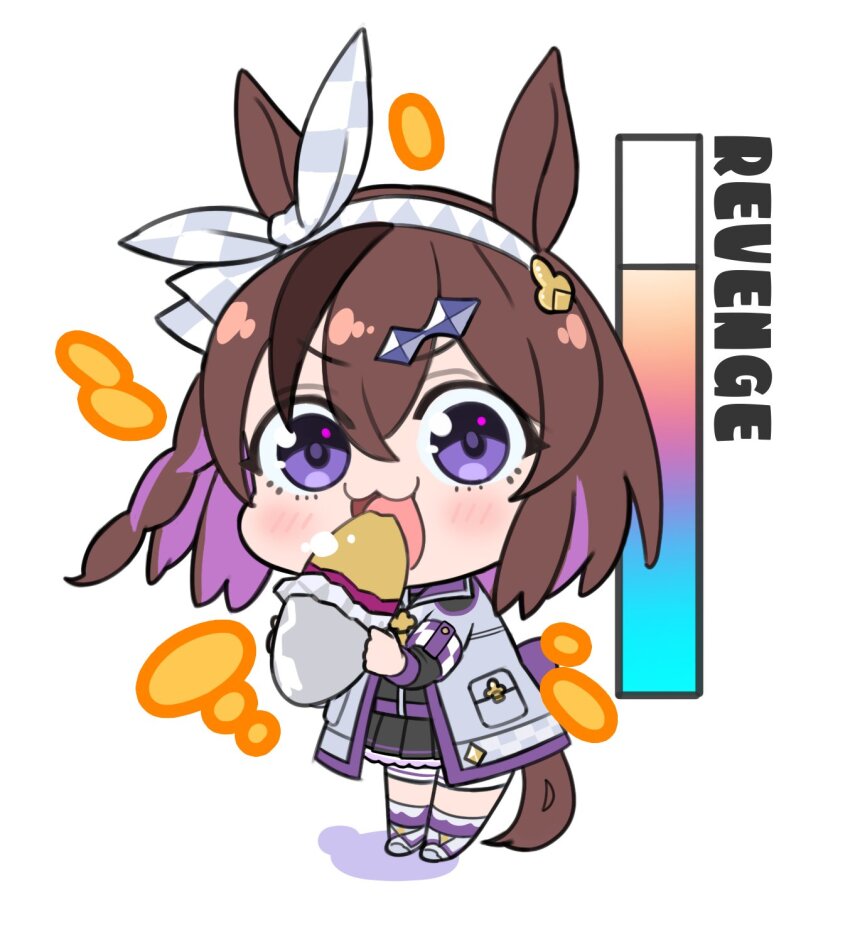1girl, blue_eyes, brown_hair, chibi, do_deuce_(racehorse), eating, english_text, food