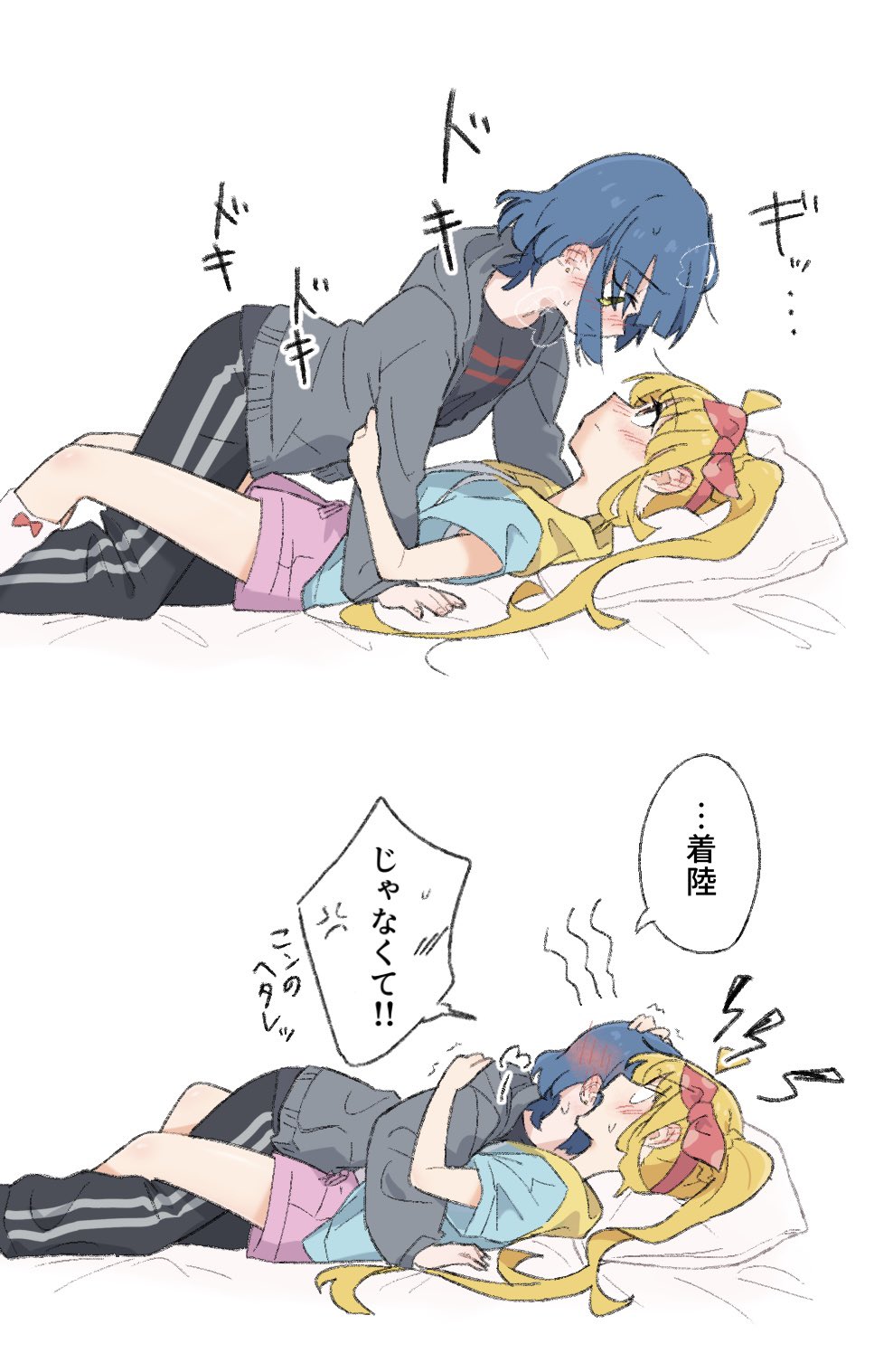 2girls, ahoge, angry, bed, black_pants, black_shirt, blonde_hair, blue_hair