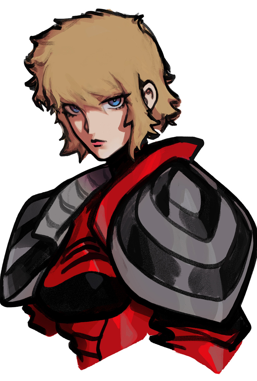 1girl, absurdres, armor, blonde_hair, blue_eyes, bodysuit, closed_mouth, cropped_torso