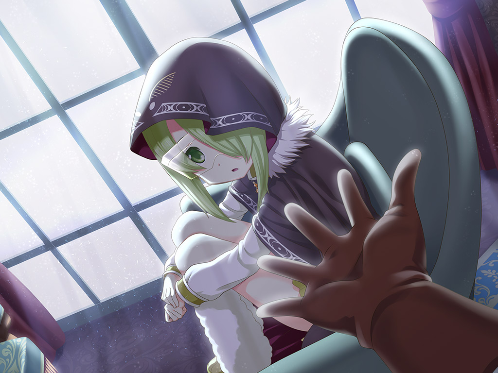 1girl, armchair, artist_request, black_cloak, brown_gloves, chair, cloak, curtains