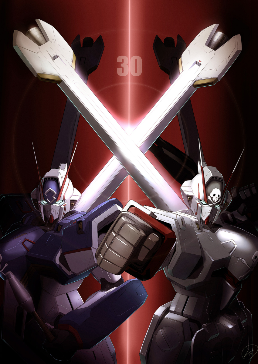 anniversary, awatobi, blue_eyes, clenched_hand, commentary_request, crossbone_gundam, crossbone_gundam_x-0, crossbone_gundam_x-3