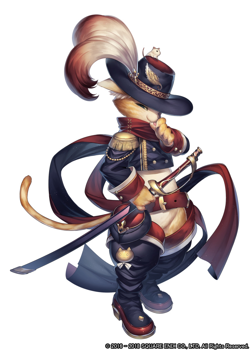 1boy, belt, black_boots, boots, cat_boy, copyright_notice, epaulettes, feathers, full_body, furry, furry_male, green_eyes, grimms_notes, hat, highres, holding_sheath, male_focus, mouse_(animal), nanokak, official_art, puss_in_boots_(repage)_(grimms_notes), red_scarf, scarf, sheath, sheathed, simple_background, solo, white_background