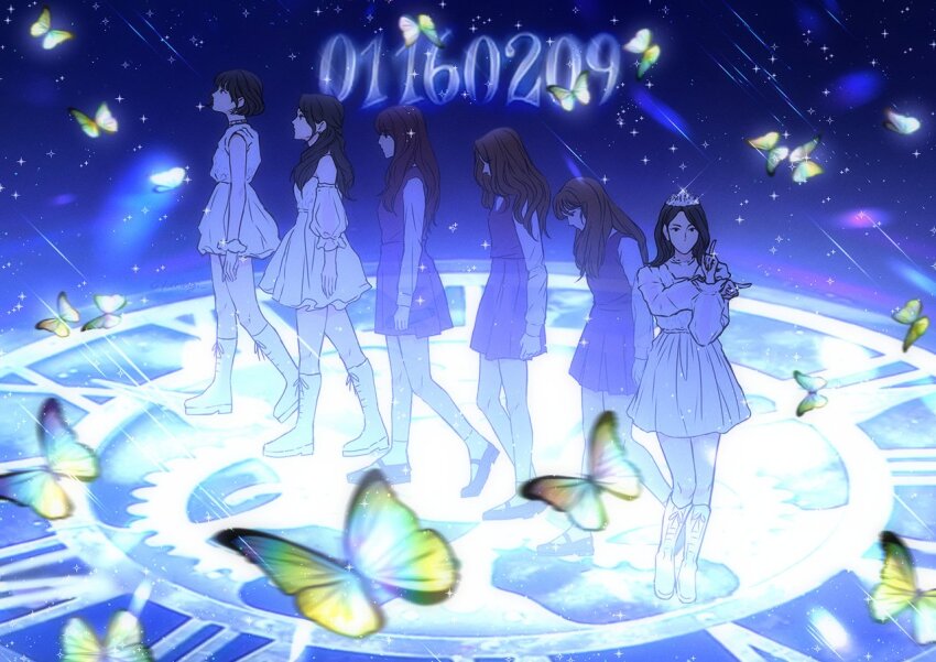 6+girls, black_hair, bob_cut, boots, brown_hair, bug, butterfly, commentary