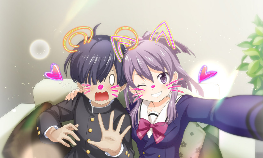 0_0, 1boy, 1girl, ahoge, aika_himena, animal_ears, arm_around_neck, artist_request