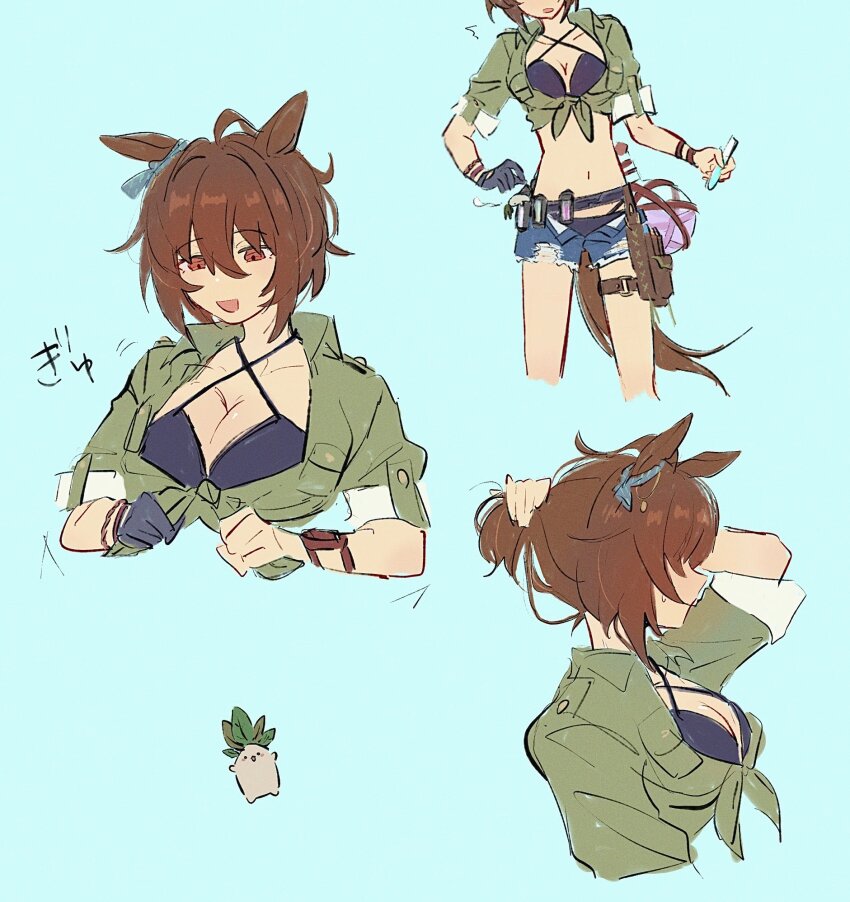 agnes_tachyon_(lunatic_lab)_(umamusume), agnes_tachyon_(umamusume), ahoge, animal_ears, bikini, bikini_under_clothes, black_bikini, blue_background, blue_shorts, breasts, brown_hair, cleavage, criss-cross_halter, cutoffs, ear_ornament, flask, gloves, green_jacket, halterneck, highres, holding, holding_own_hair, holster, horse_ears, jacket, kashu_ri, kii-kun_(agnes_tachyon)_(umamusume), medium_breasts, navel, open_mouth, orange_eyes, round-bottom_flask, short_hair, shorts, simple_background, single_glove, smile, swimsuit, test_tube, thigh_strap, tied_jacket, umamusume