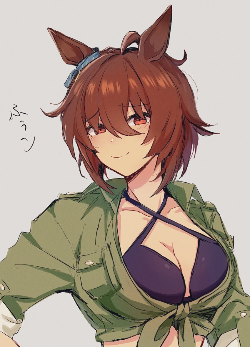 1girl, agnes_tachyon_(lunatic_lab)_(umamusume), agnes_tachyon_(umamusume), ahoge, animal_ears, bikini, bikini_under_clothes, black_bikini, blush, breasts, brown_hair, cleavage, closed_mouth, collarbone, collared_jacket, criss-cross_halter, ear_ornament, green_jacket, grey_background, halterneck, highres, horse_ears, jacket, kashu_ri, looking_at_viewer, medium_breasts, orange_eyes, raised_eyebrows, short_hair, simple_background, smile, solo, swimsuit, tied_jacket, umamusume, upper_body