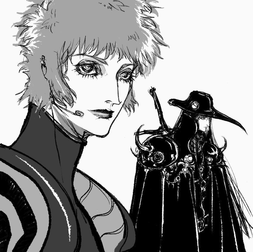 1boy, 1girl, armor, black_hair, bodysuit, cape, commentary, d_(vampire_hunter_d)