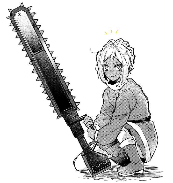 1girl, belt, boots, braid, buttons, chainsaw, coat, dark-skinned_female, dark_skin, eri_(project_moon), holding, holding_sword, holding_weapon, kneeling, library_of_ruina, looking_at_viewer, monochrome, on_ground, on_one_knee, parted_bangs, pleated_skirt, project_moon, short_hair, simple_background, skirt, smile, solo, sword, v-shaped_eyebrows, weapon, white_background, yono_neie