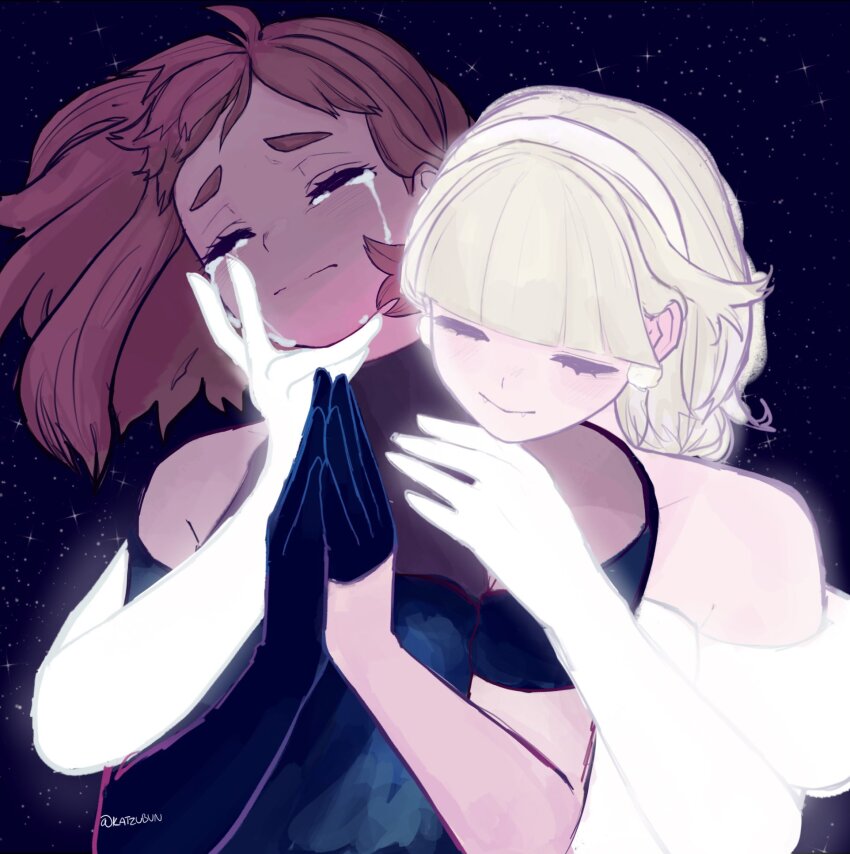 2girls, alien_stage, artist_name, black_dress, blonde_hair, boku_no_hero_academia, brown_hair, closed_eyes