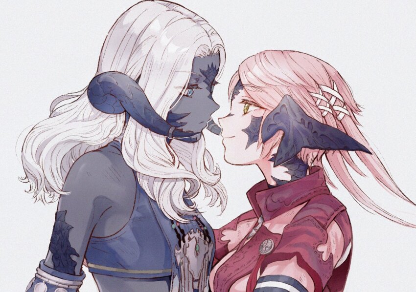 2girls, au_ra, bare_shoulders, blue_eyes, blue_shirt, cirina_mol, colored_skin, crop_top