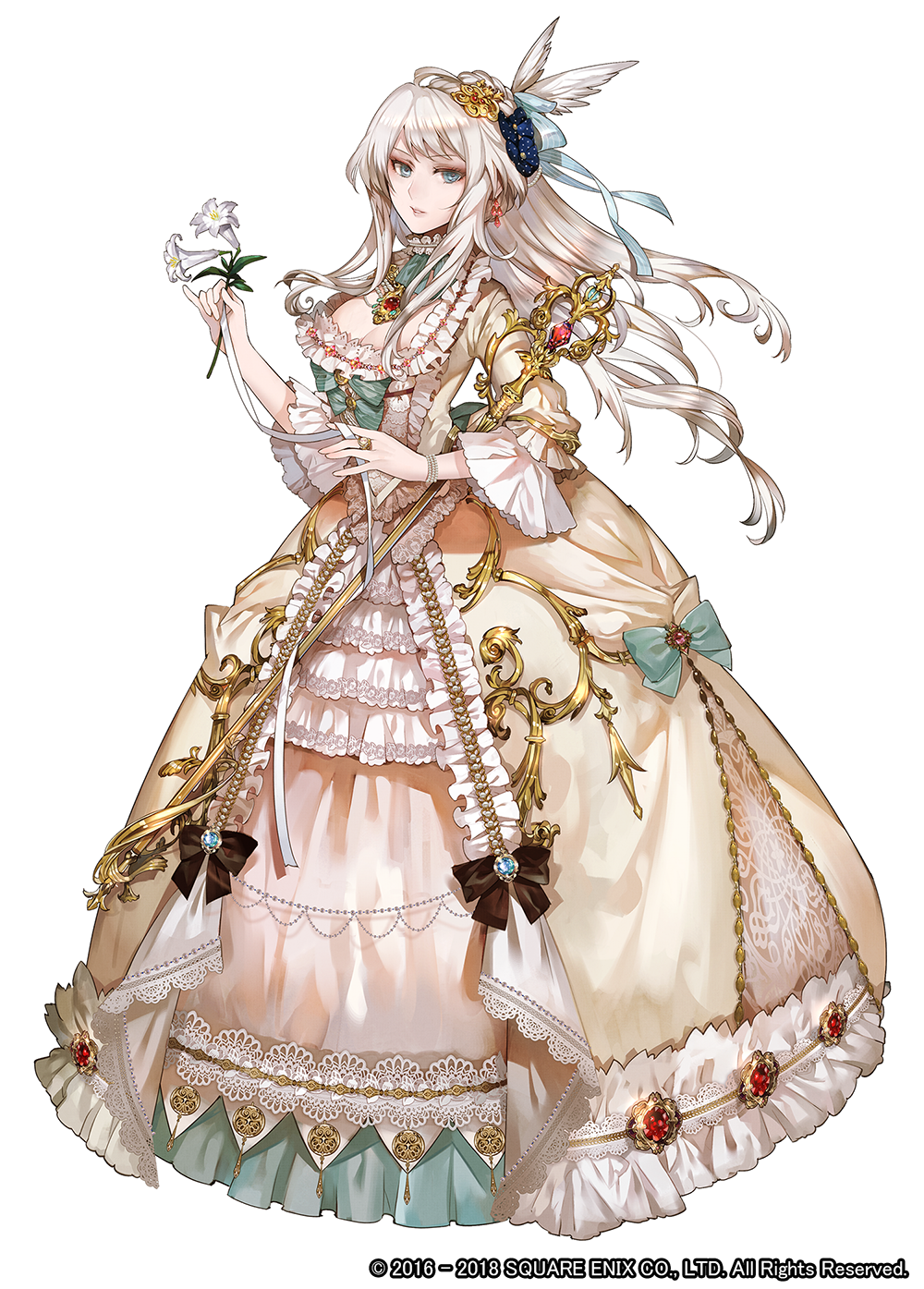 1girl, blue_eyes, breasts, cleavage, dress, earrings, flower, frills, gem, grimms_notes, highres, holding, holding_flower, holding_staff, holding_weapon, jewelry, kyouka_hatori, large_breasts, long_hair, marie_antoinette_(repage)_(grimms_notes), red_gem, simple_background, solo, staff, teeth, weapon, white_background, white_dress, white_flower, white_hair