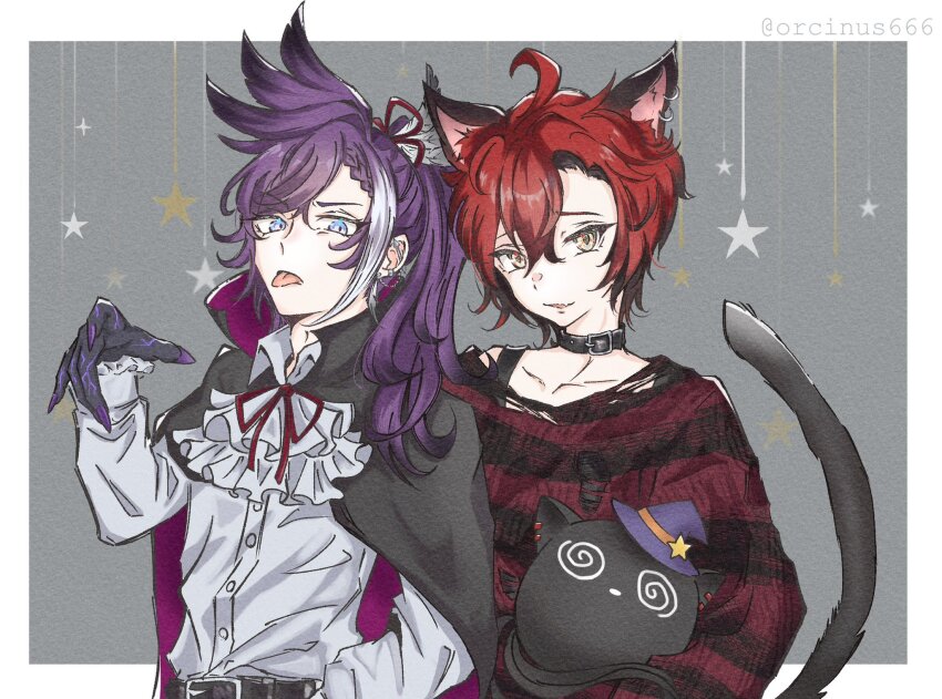 2boys, @_@, ahoge, alternate_costume, animal_ears, ascot, banzoin_hakka, black_cape