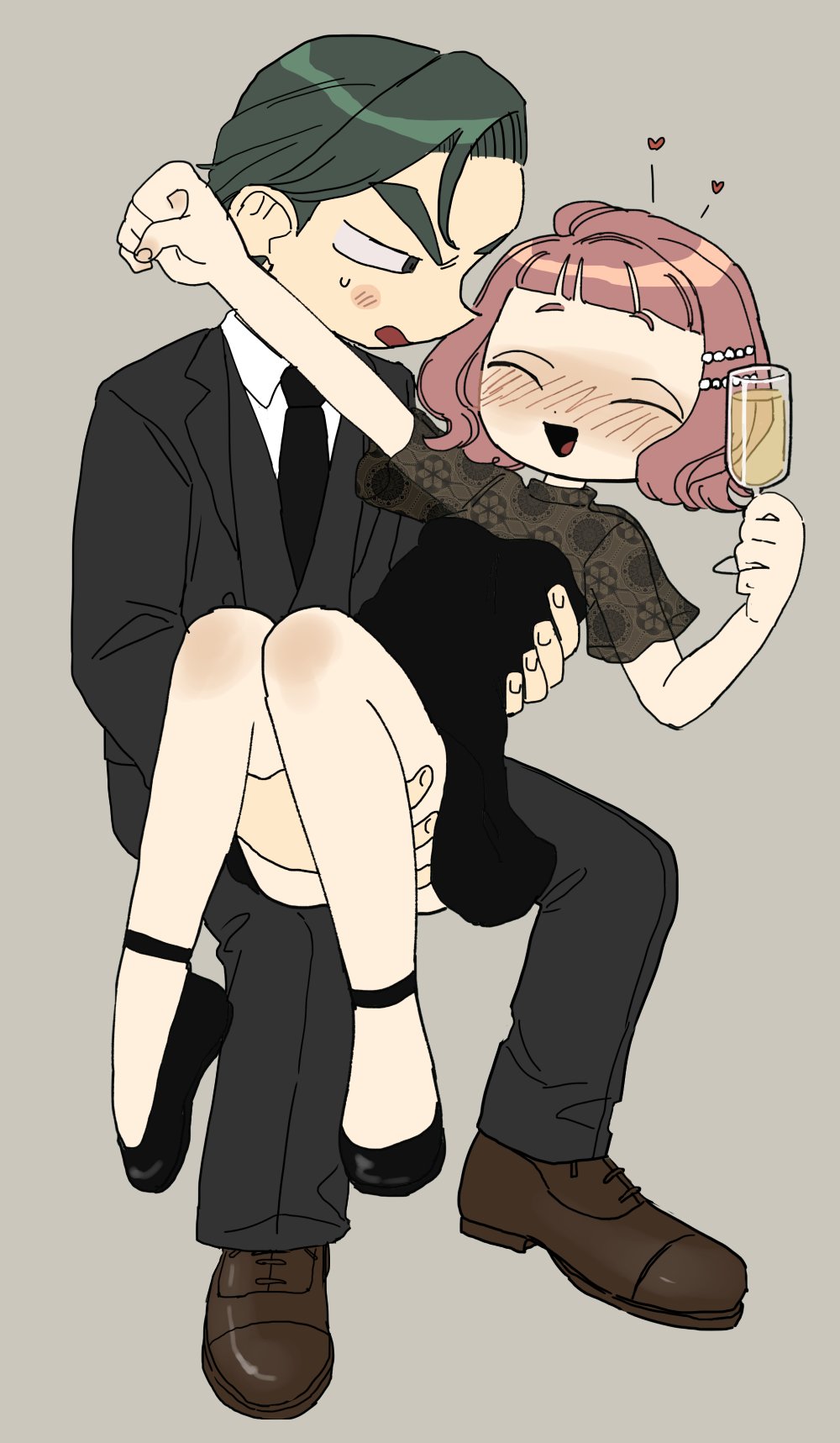 1boy, 1girl, alcohol, aoba_(ikuta_semi), black_dress, black_necktie, black_suit, blush