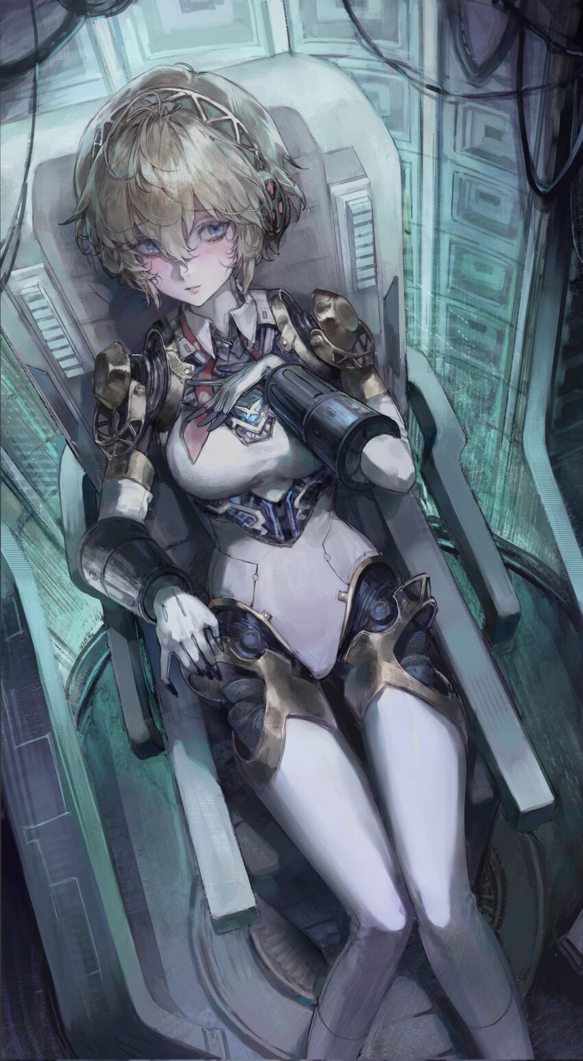 00608d, 1girl, aigis_(persona), android, blonde_hair, blue_eyes, cropped_legs, hairband, highres, joints, looking_at_viewer, mechabare, nervous, persona, persona_3, robot_joints, short_hair, sitting, solo