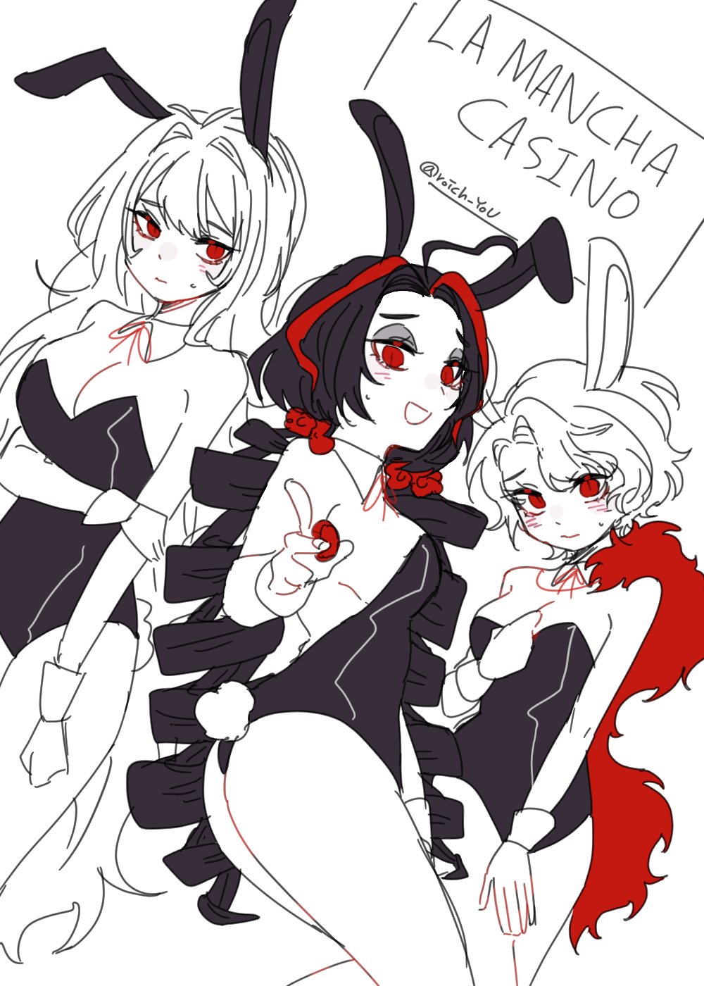 3girls, animal_ears, ass, black_hair, blush, breasts, cleavage, covering_crotch