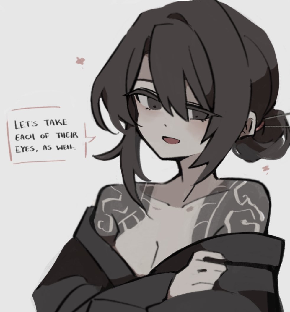 1girl, black_hair, black_kimono, blush, breasts, cleavage, cloud_tattoo, collarbone