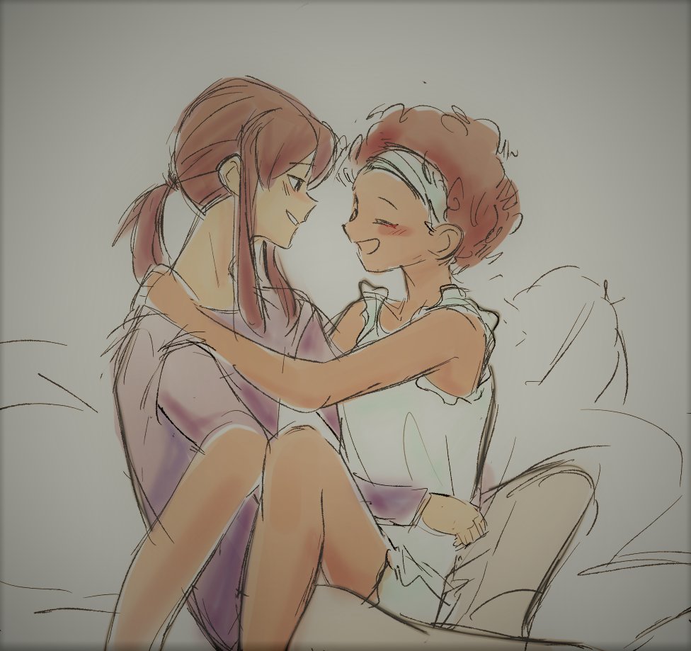 2girls, a_hat_in_time, aged_up, alternate_costume, blush, bow_kid, brown_hair, closed_eyes, commentary, curly_hair, dark-skinned_female, dark_skin, green_shirt, hairband, half-closed_eyes, happy, hat_kid, hug, kudo_nguyen, long_sleeves, multiple_girls, pants, ponytail, purple_shirt, shirt, sidelocks, sleeveless, sleeveless_shirt, smile, yuri