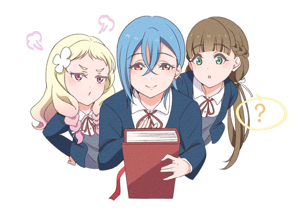 3girls, :o, blonde_hair, blue_hair, blue_jacket, blunt_bangs, book, braid