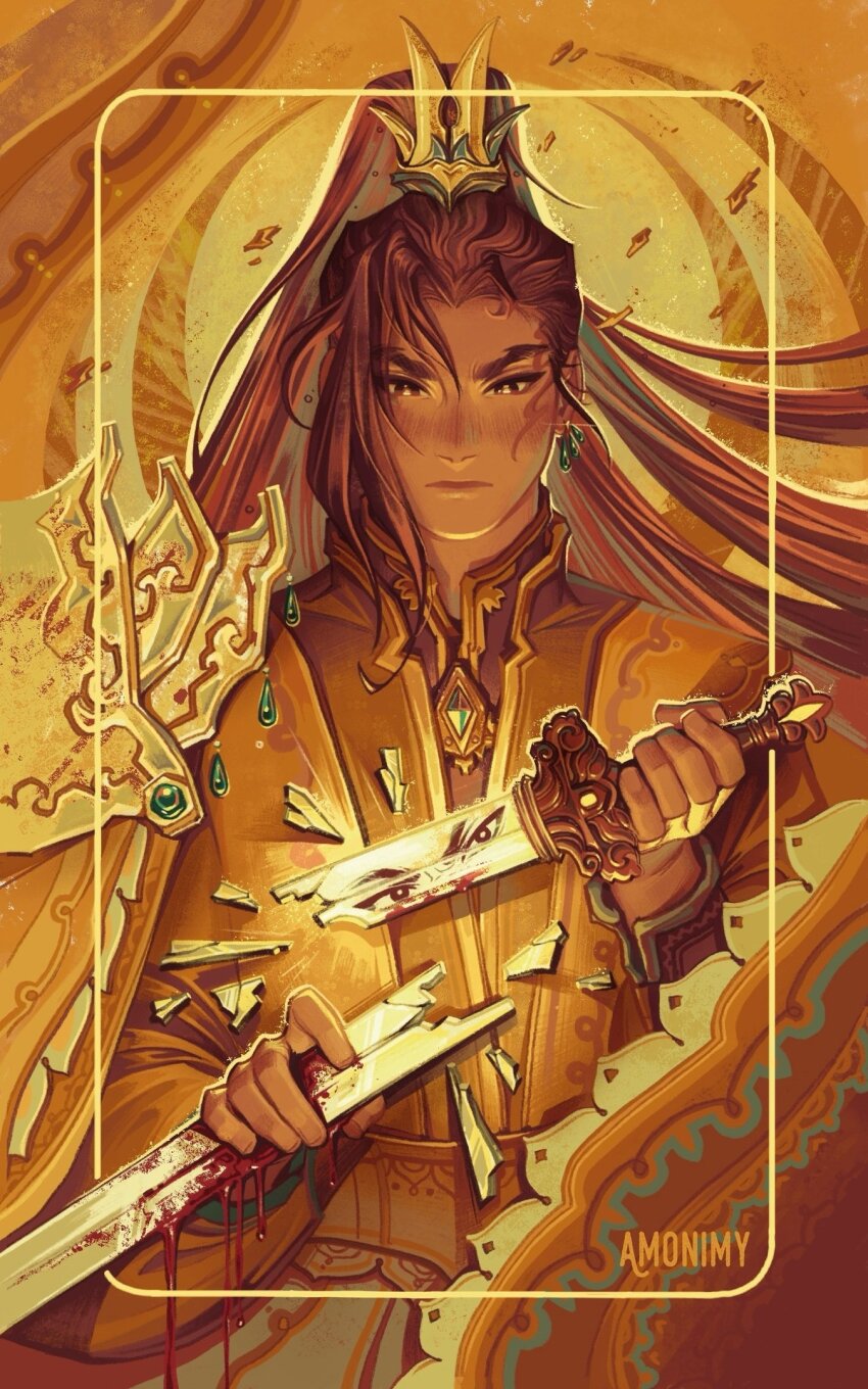 1boy, abstract_background, amonimy, armor, asymmetrical_bangs, blood, bloody_weapon, border, breaking, broken, broken_sword, broken_weapon, brown_eyes, brown_hair, brown_hanfu, closed_mouth, dark-skinned_male, dark_skin, earrings, facial_tattoo, frown, gem, gold, green_gem, high_ponytail, highres, holding, holding_sword, holding_weapon, inset_border, jewelry, long_hair, looking_at_viewer, male_focus, orange_background, orange_robe, orange_theme, ornate_clothes, pauldrons, pei_ming, ponytail, reflection, robe, shattered, shoulder_armor, single_pauldron, sword, tattoo, tianguan_cifu, upper_body, weapon, xiao_guan_(headdress), yellow_border