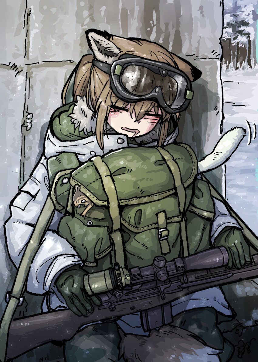 1girl, absurdres, animal, animal_ears, bag, between_legs, brown_hair, camouflage