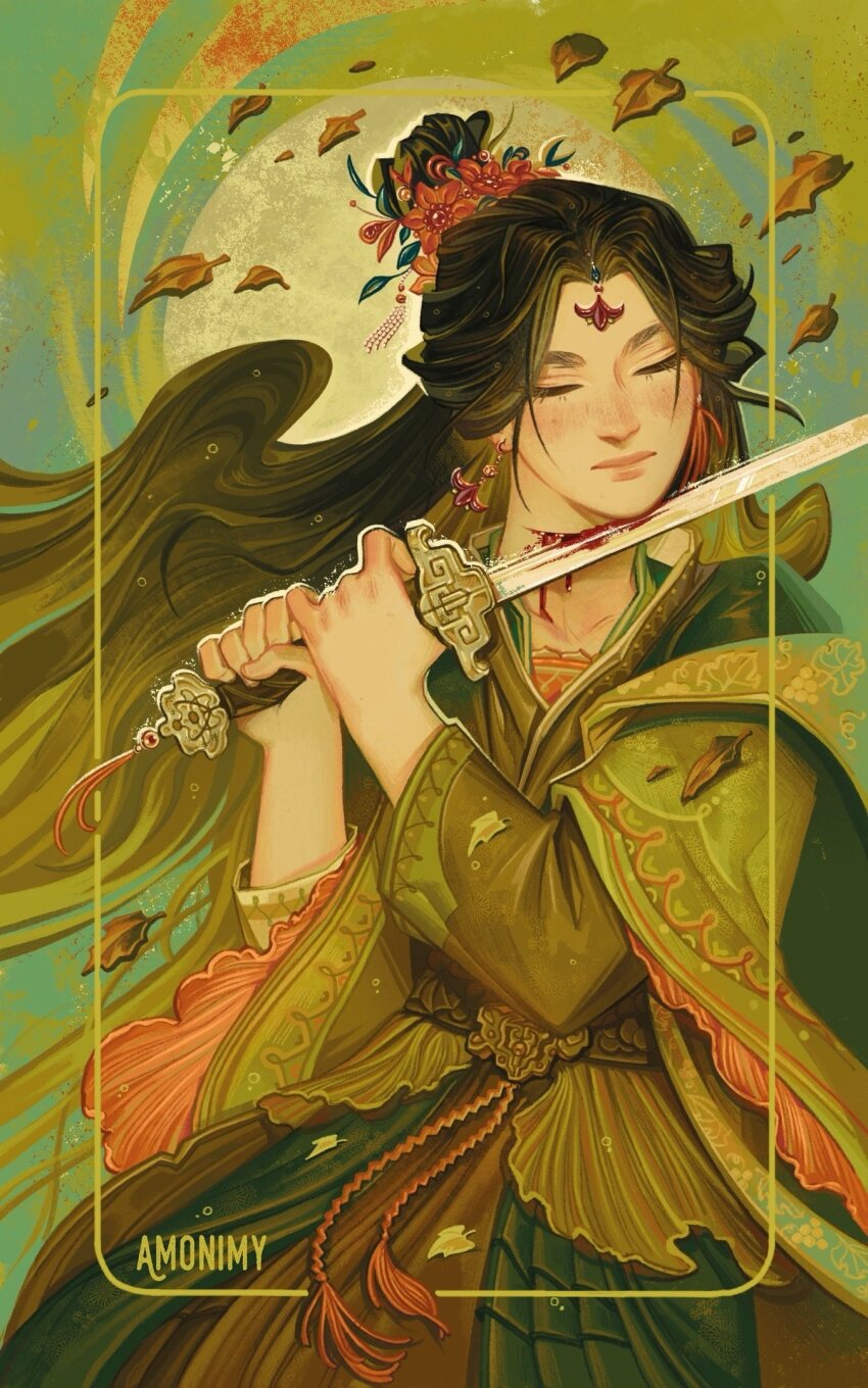 1girl, amonimy, artist_name, autodecapitation, belt, blood, bloody_weapon, border, brown_hair, chinese_clothes, closed_eyes, closed_mouth, commentary, cutting, dress, earrings, flower, green_background, green_border, green_dress, green_theme, hair_bun, hair_flower, hair_ornament, highres, holding, holding_weapon, inset_border, jewelry, jian_(weapon), layered_sleeves, leaf, long_hair, long_sleeves, ornate_clothes, red_flower, russian_commentary, signature, single_hair_bun, slit_throat, solo, standing, sword, sword_tassel, tassel, tianguan_cifu, upper_body, very_long_hair, weapon, weapon_tassel, wide_sleeves, wind, wuxia, yushi_huang