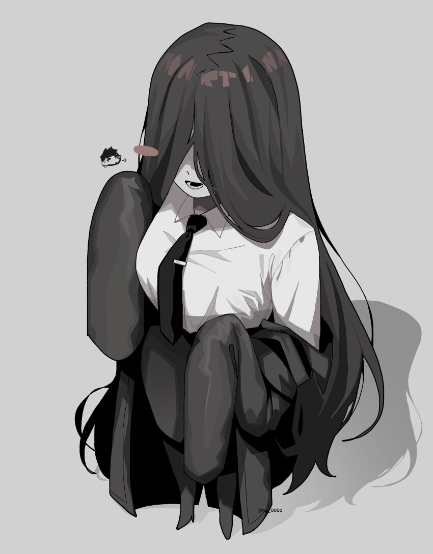 1girl, absurdres, black_coat, black_footwear, black_necktie, black_pants, blush, breasts