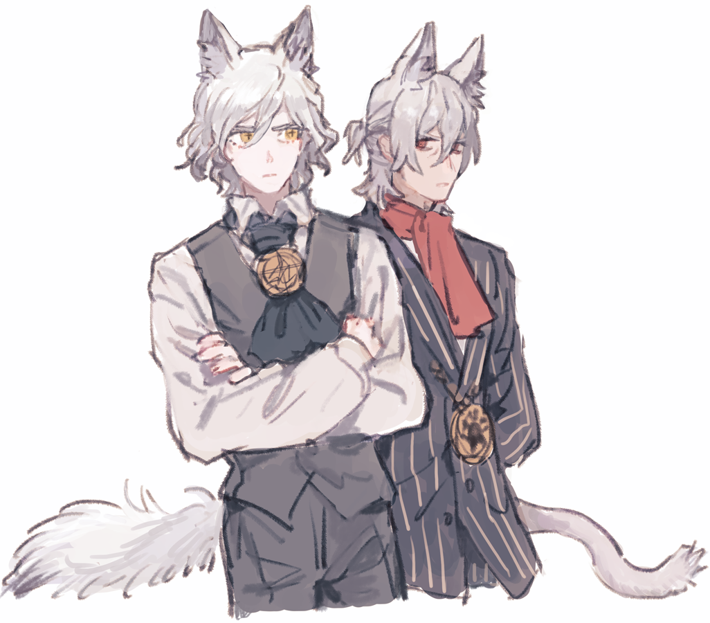 2boys, animal_ear_fluff, animal_ears, antonio_salieri_(fate), antonio_salieri_(second_ascension)_(fate), arms_behind_back, ascot, black_jacket