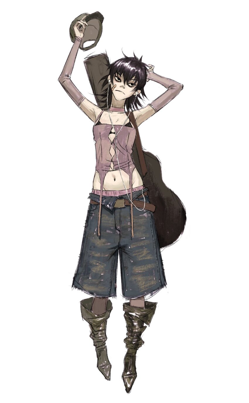 1girl, alternate_costume, bandaid, bandaid_on_cheek, bandaid_on_face, baseball_cap, black_bra, black_eyes, black_hair, boots, bra, detached_sleeves, full_body, gorillaz, guitar_case, hashtag-only_commentary, hat, highres, holding, holding_unworn_clothes, holding_unworn_hat, instrument_case, navel, noodle_(gorillaz), short_hair, simple_background, solo, underwear, unworn_hat, unworn_headwear, white_background, xfgs