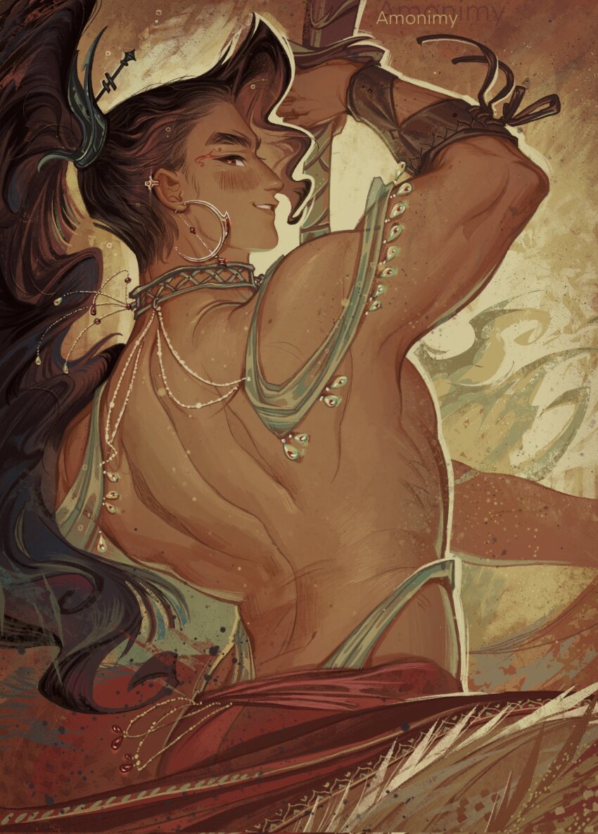 1boy, abstract_background, amonimy, artist_name, back, back_focus, bracer, brown_background, brown_eyes, brown_hair, chinese_hairpin, dark-skinned_male, dark_skin, earrings, facial_tattoo, from_behind, gem, green_gem, green_ribbon, heart, heart_in_eye, high_ponytail, highres, jewelry, looking_back, male_focus, muscular, muscular_male, necklace, no_shirt, pectorals, pei_ming, ponytail, red_skirt, ribbon, skirt, smile, smirk, solo, symbol_in_eye, tattoo, tianguan_cifu, topless_male, upper_body, wavy_hair, xiao_guan_(headdress)