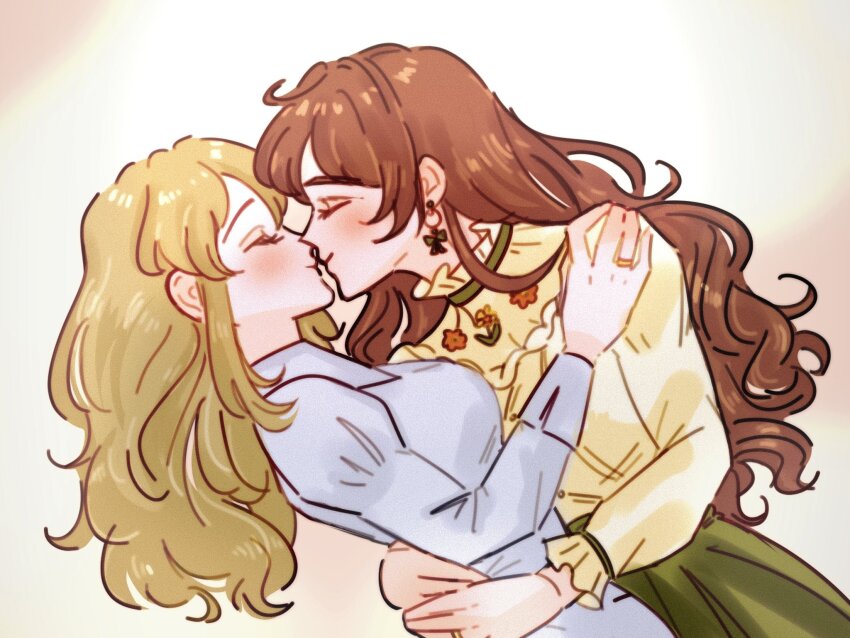 2girls, blonde_hair, blue_dress, brown_hair, closed_eyes, closed_mouth, commentary, dress