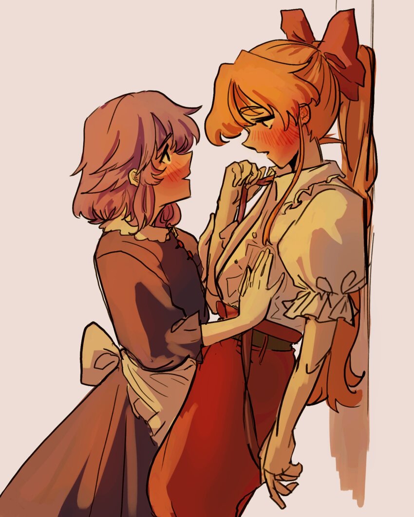 2girls, blush, bow, commentary, dress, elise_liedl, english_commentary, hair_bow, hand_on_another's_waist, highres, holding_another's_wrist, little_goody_two_shoes, loewens, long_hair, looking_at_another, medium_hair, multiple_girls, orange_hair, pants, parted_lips, pink_background, purple_dress, purple_hair, red_bow, red_pants, rozenmarine_(little_goody_two_shoes), shirt, short_sleeves, simple_background, smile, white_shirt, yuri
