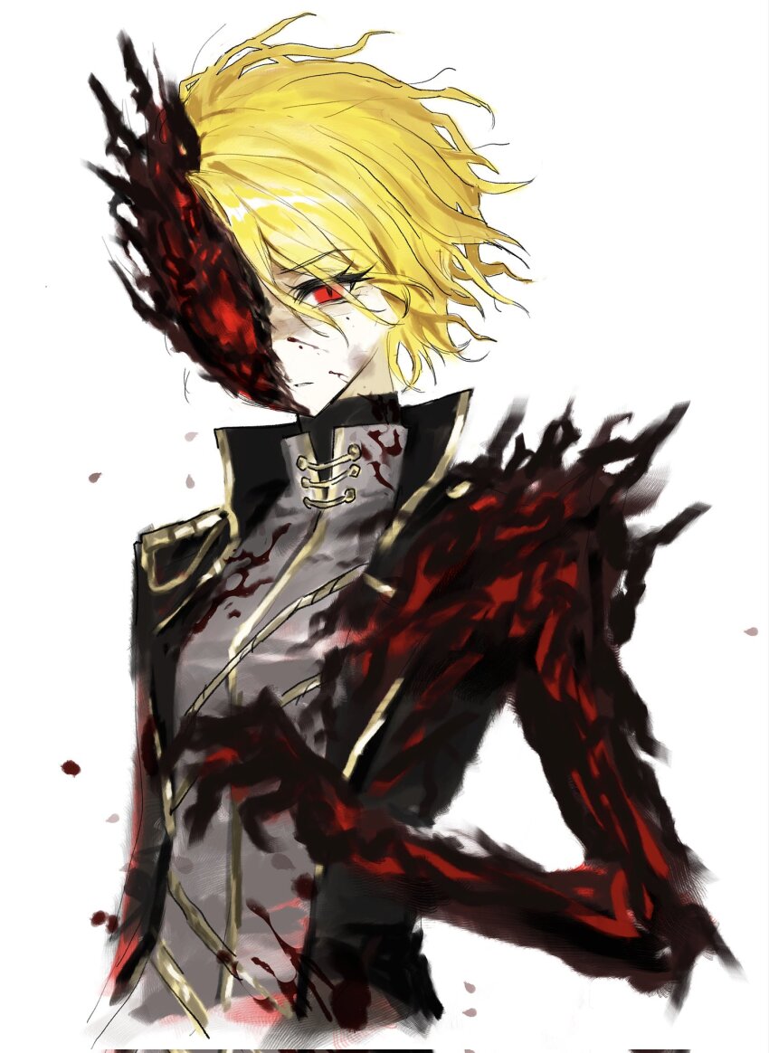 1girl, black_jacket, blood, blood_on_clothes, blood_on_face, blood_splatter, breasts, collared_shirt