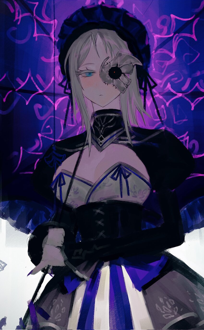 1girl, black_corset, black_dress, blue_eyes, bow, breast_ribbon, breasts, cleavage