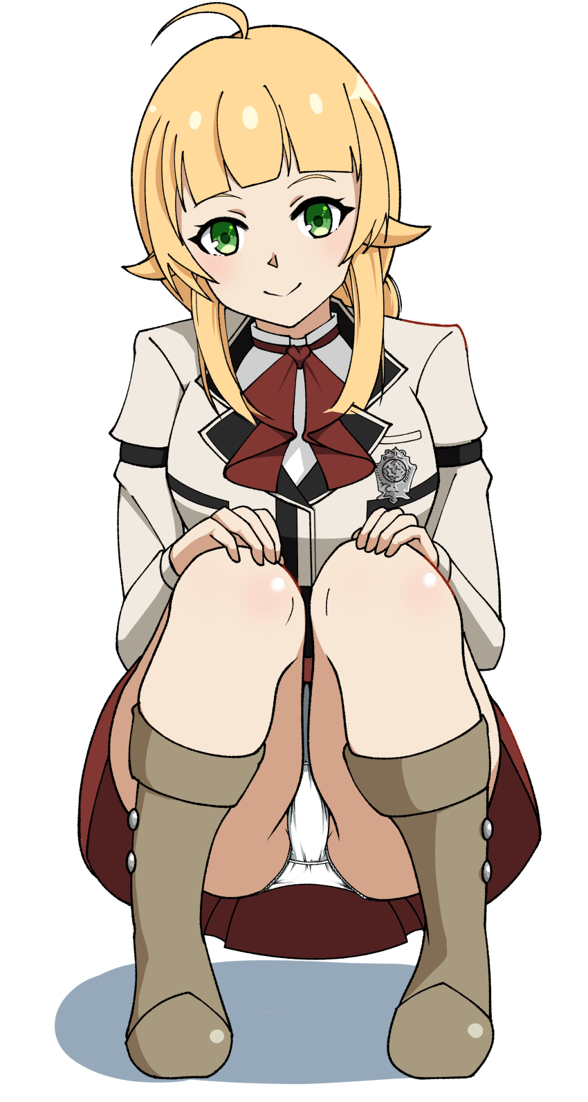 1girl, absurdres, ahoge, blonde_hair, blush, breasts, brown_footwear, closed_mouth, commentary, full_body, green_eyes, hands_on_own_knees, highres, jacket, looking_at_viewer, medium_hair, memejiban, mushoku_tensei, norn_greyrat, panties, pantyshot, ranoa_magic_academy_school_uniform, red_skirt, school_uniform, shadow, simple_background, skirt, small_breasts, smile, solo, squatting, underwear, white_background, white_jacket, white_panties