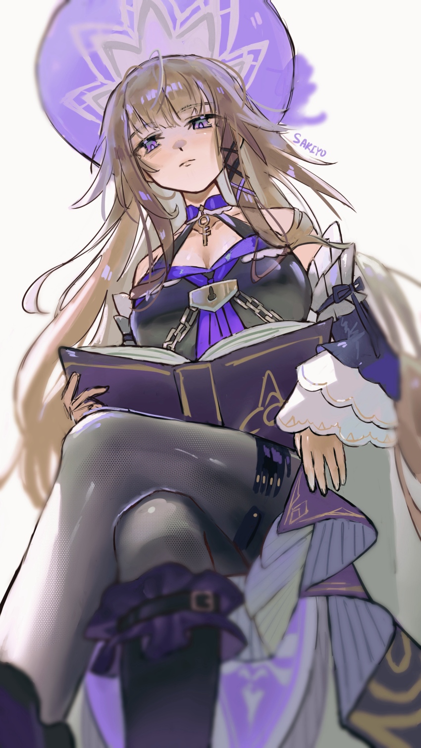 1girl, absurdres, aged_up, bare_shoulders, book, brown_hair, chain, choker