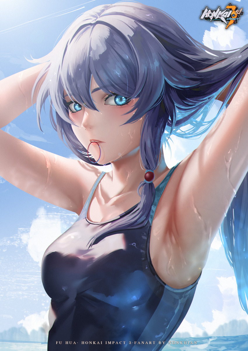 1girl, absurdres, adjusting_hair, armpits, blue_eyes, breasts, competition_swimsuit, fu_hua