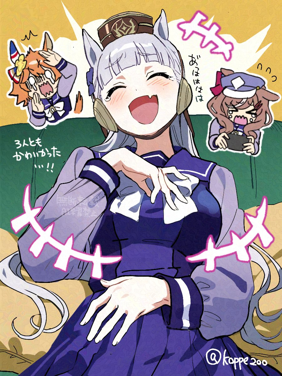 >_<, 3girls, animal_ears, arm_up, artist_name, blunt_bangs, blush, bow