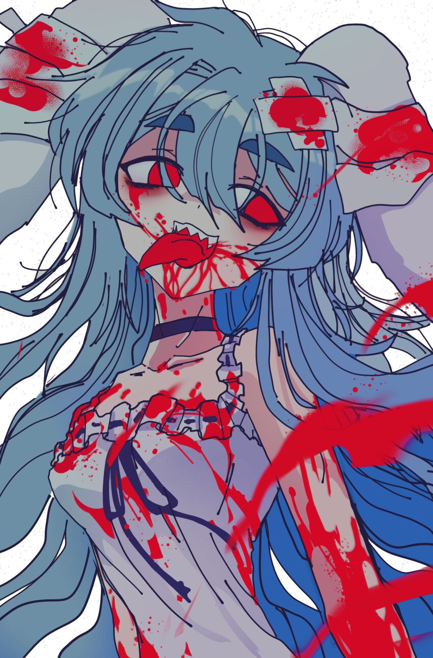 1girl, :d, absurdres, animal_ears, black_choker, black_ribbon, blood, blood_from_mouth, blood_on_clothes, blood_on_face, blue_hair, breasts, choker, dress, guro, hair_between_eyes, highres, indie_virtual_youtuber, long_hair, lop_rabbit_ears, open_mouth, para_(vtuber), para_(1st_costume)_(vtuber), pumpkinsynth, rabbit_ears, rabbit_girl, red_eyes, ribbon, sharp_teeth, sidelocks, small_breasts, smile, sundress, teeth, thick_eyebrows, tongue, tongue_out, tsurime, upper_body, very_long_hair, virtual_youtuber