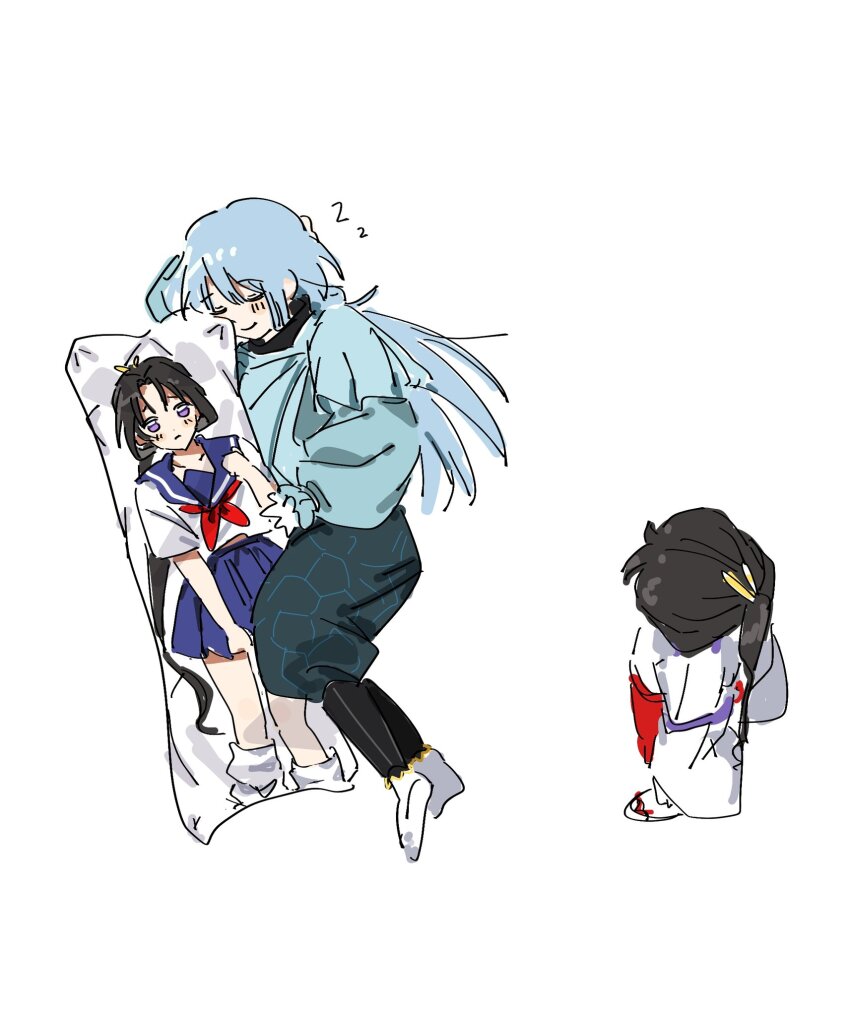 2boys, black_hair, blue_serafuku, blush, closed_eyes, collarbone, dakimakura_(object), frilled_sleeves